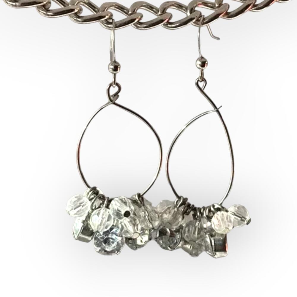 Silver tone rhinestone dangle fish hook earrings
